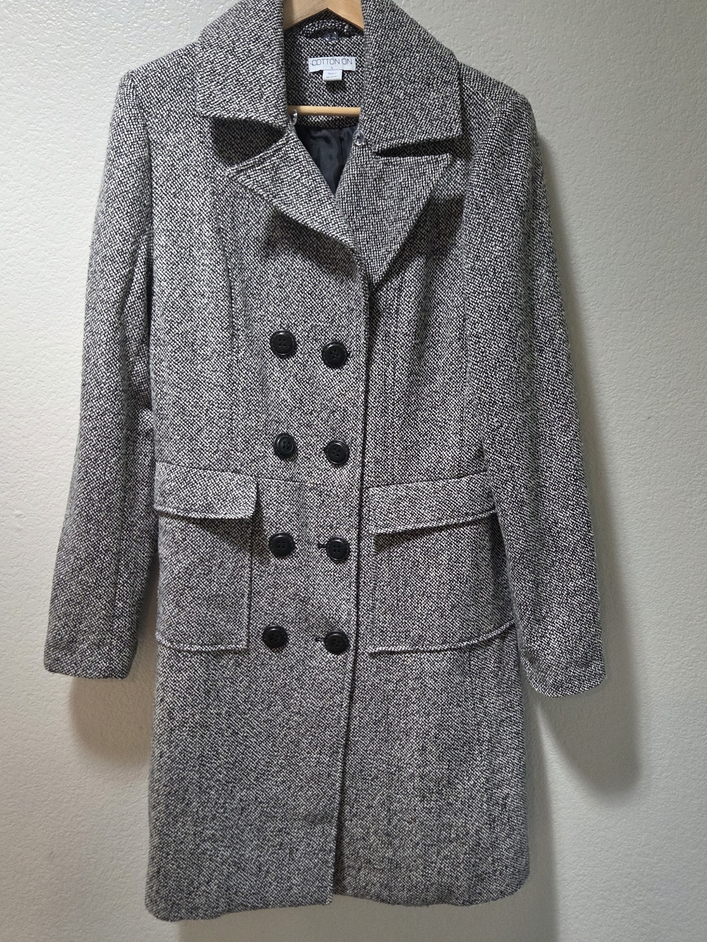 Cotton On Tweed Black White Long Double Breasted Coat L Mod Minimalist